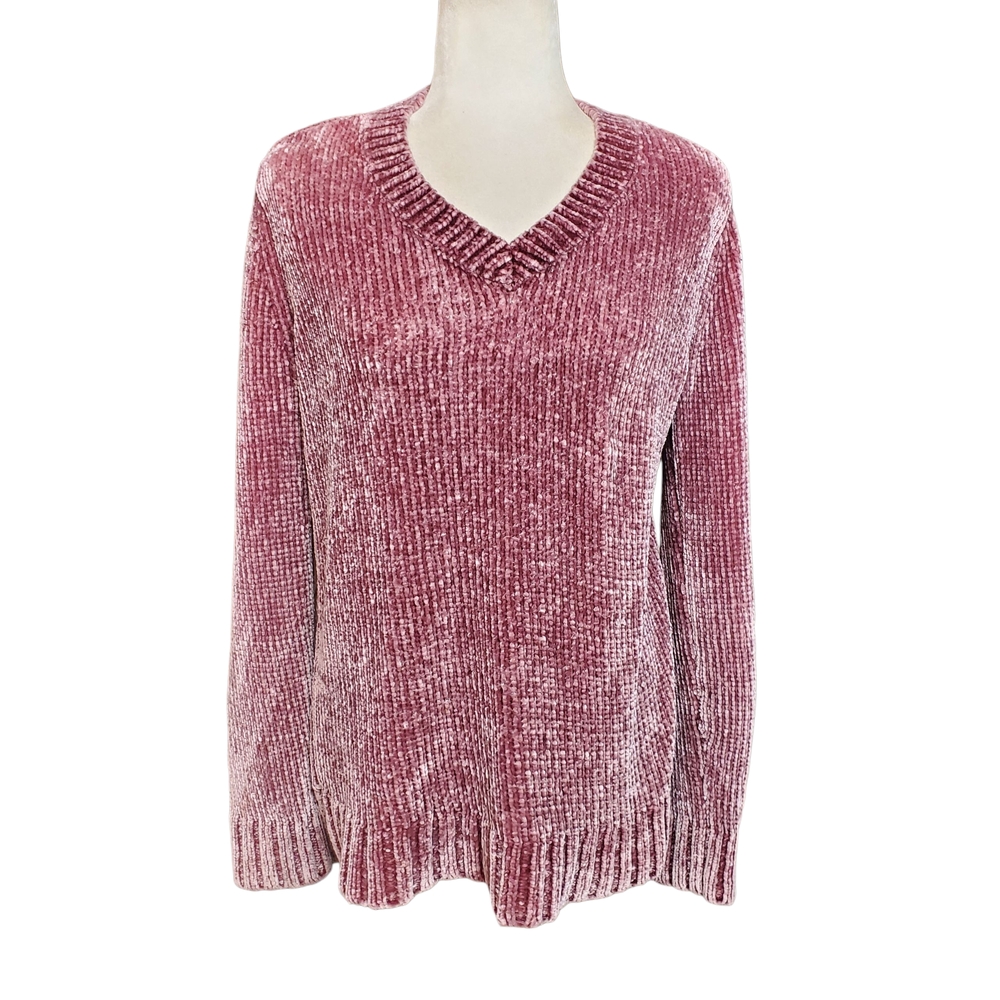 Orvis Chenille Sweater Womens Small Mauve V Neck Long Sleeve Super Soft Cozy